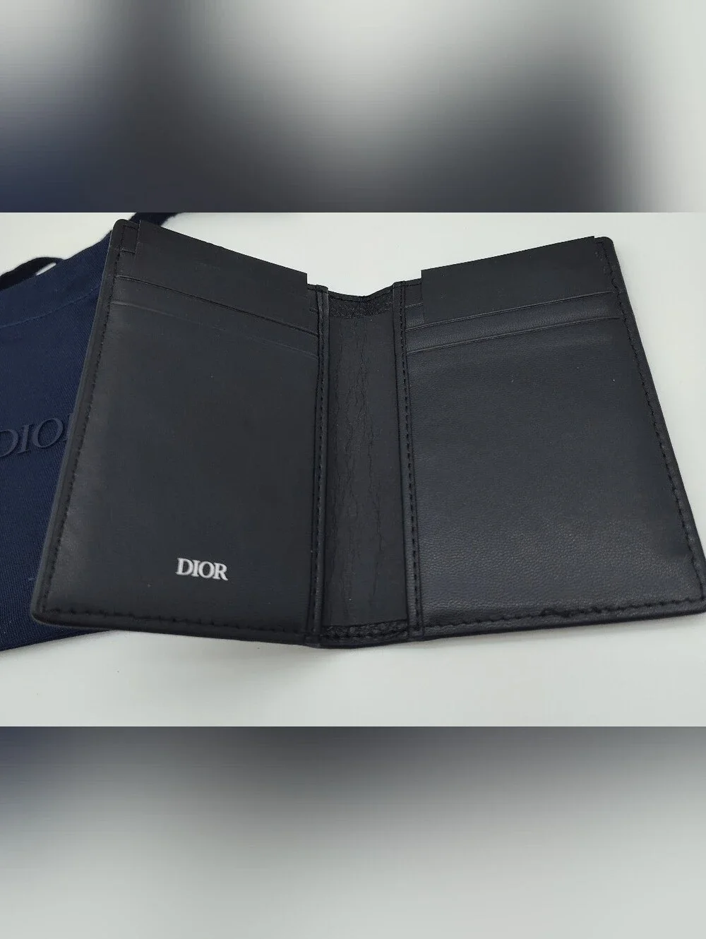 DIOR Parfum Black Pebbled Cowhide Leather Card Holder Wallet Box Dust Bag NIB